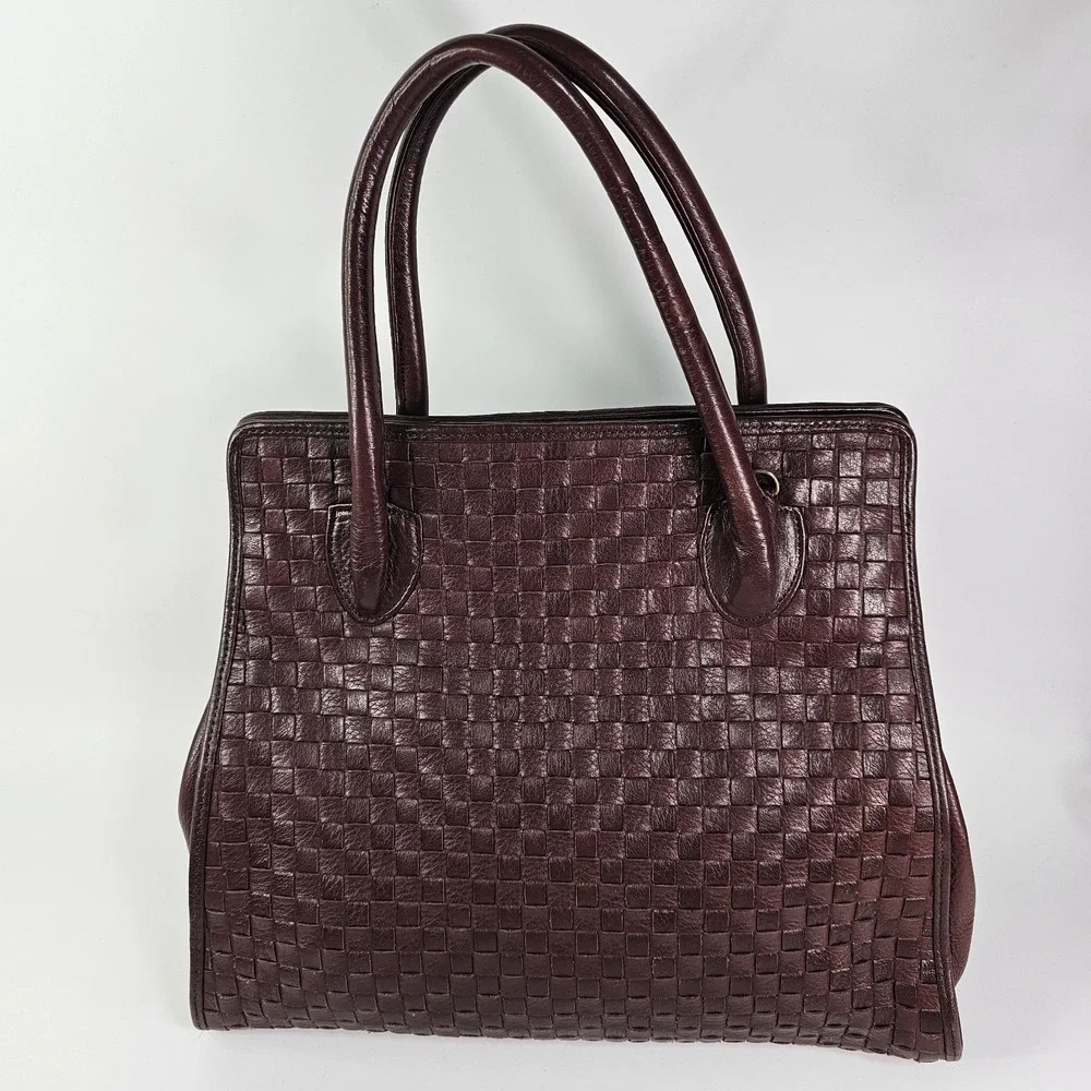 Vtg Monet Woven Leather Tote Shoulder Bag Intrecciato Burgundy Maroon Satchel